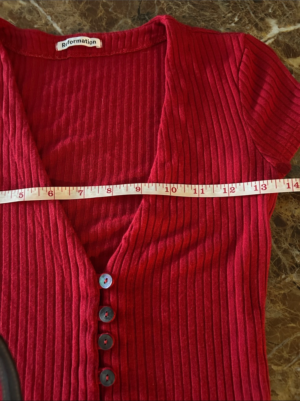 Reformation Red Ribbed V-Neck Button Crop Top - Picture 4 of 5